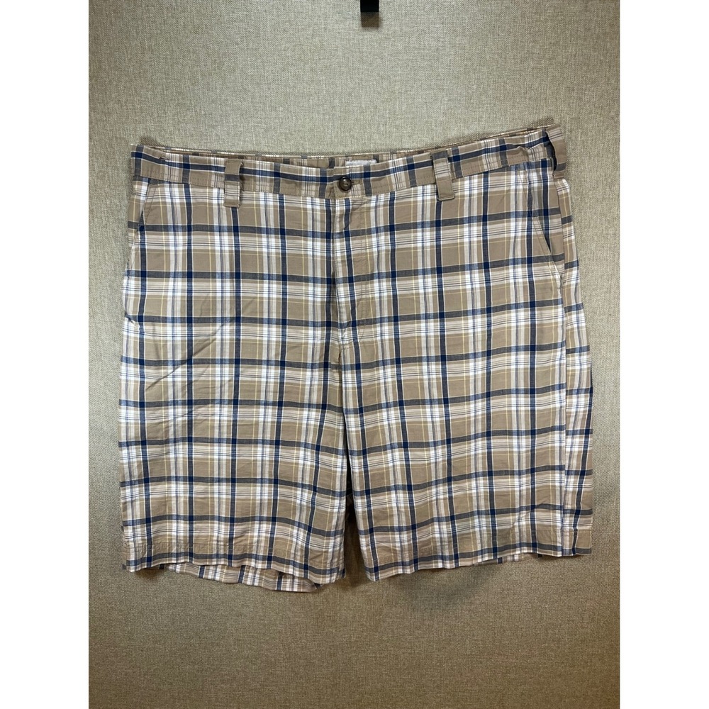 IZOD Mens Plaid Shorts Tan Navy Blue White Cotton Flat Front Size 42